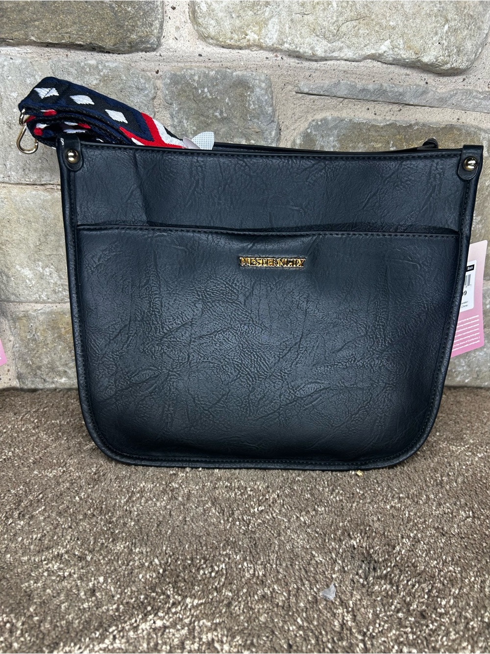 Black Crossbody Bag with Colorful Strap -